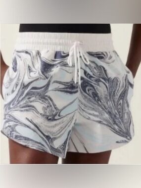 Athleta Marble-Print Drawstring Shorts in White and Light Blue